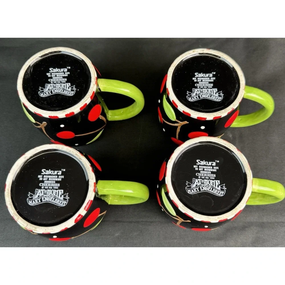 Set Of 4 Sakura Mary Engelbreit Black Cherries Stoneware  Coffee:tea Mugs